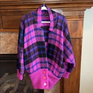 Vintage bold magenta plaid wool mohair blend plaid oversized sweater jacket S-L